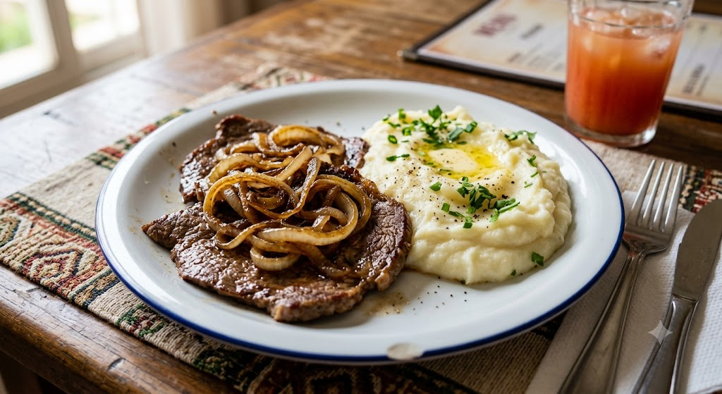 Bife Acebolado com Purê de Batata