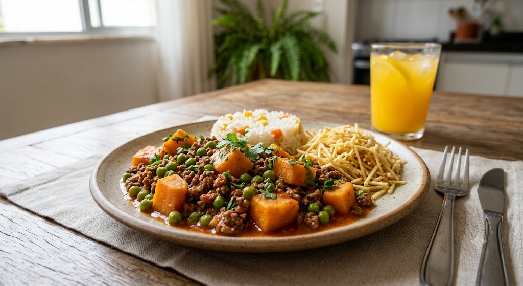 Carne Moída com Batata Doce e Ervilha