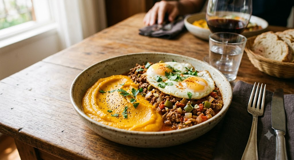 Carne Moída com Ovo e Purê de Abóbora