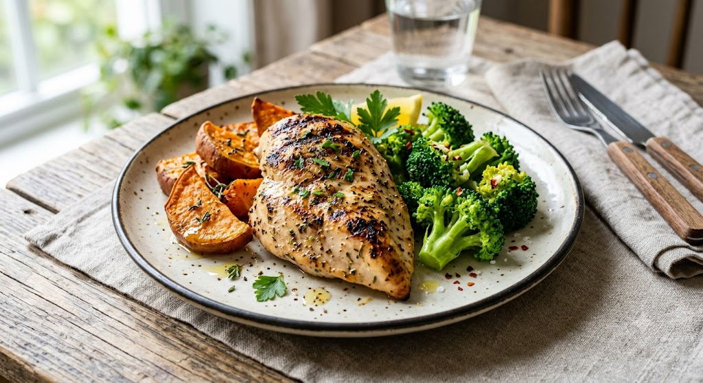 Frango Grelhado com Batata Doce e Brócolis