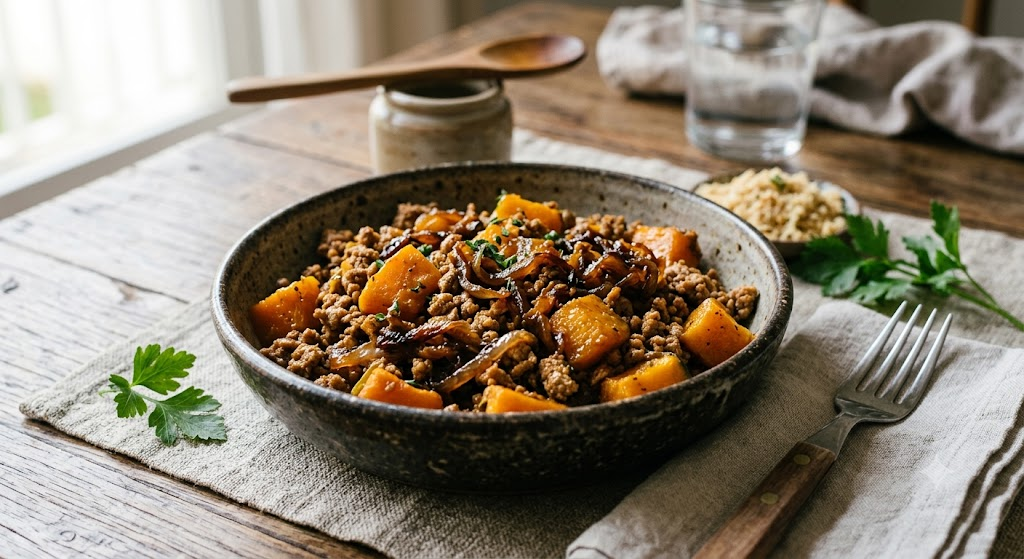 Peru Moído com Abóbora e Cebola Caramelizada