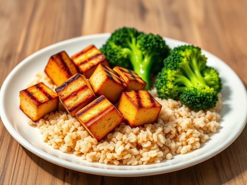 Tofu Grelhado com Arroz Integral e Brócolis